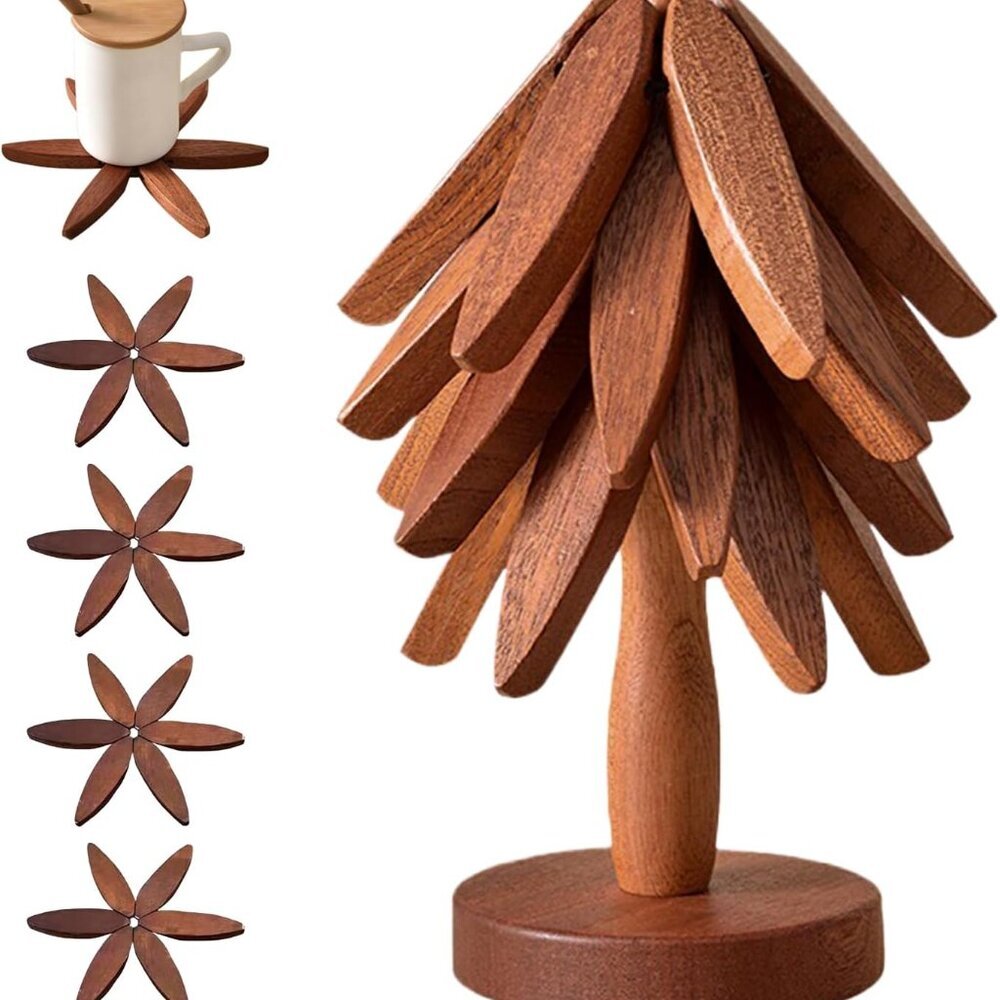 Wooden Trivets for Hot Dishes, Tree Shape Trivet Set, 4 Walnut Wood + 1 Stand st